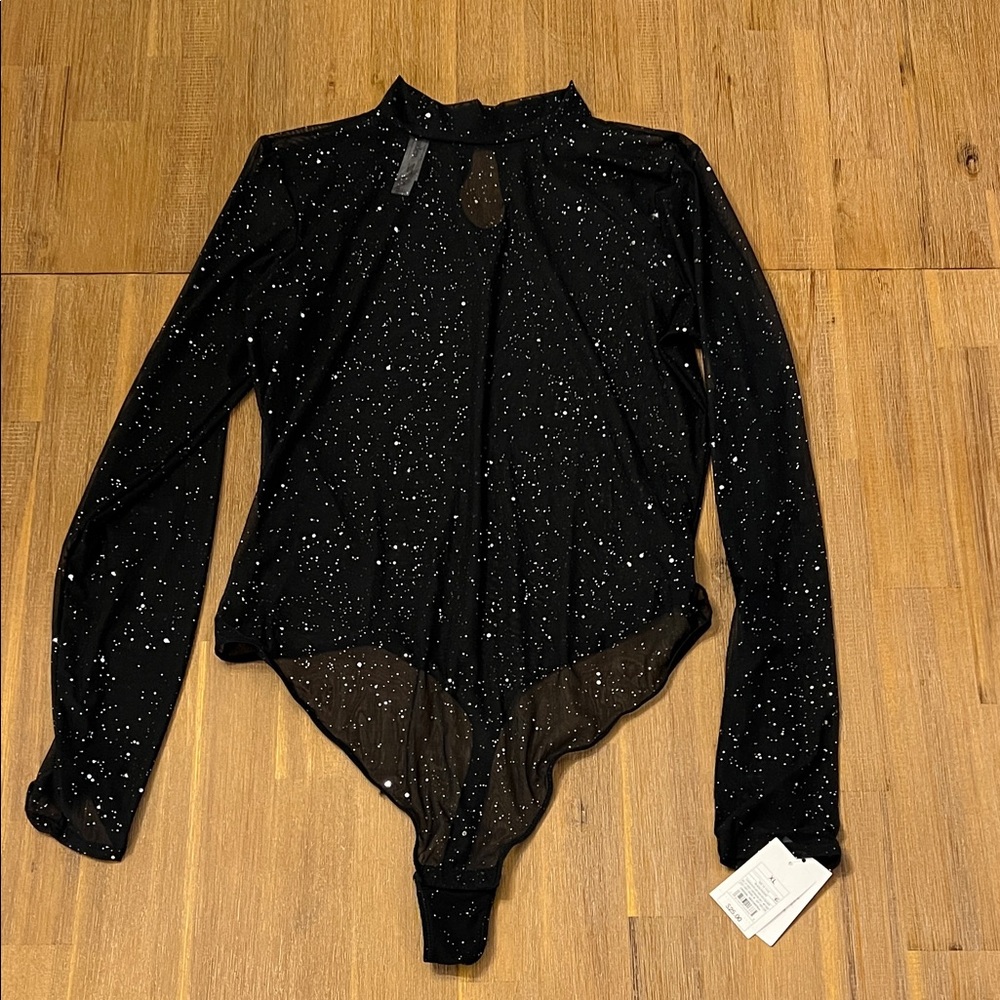 Sheer Black Sparkle Long Sleeve Bodysuit